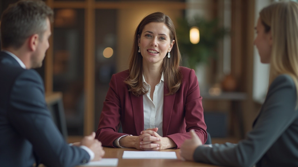 Vrouw in professioneel pak zittend aan conferentietafel, zelfverzekerd sprekend naar groep collega's met duidelijke gezichtsuitdrukking en open houding