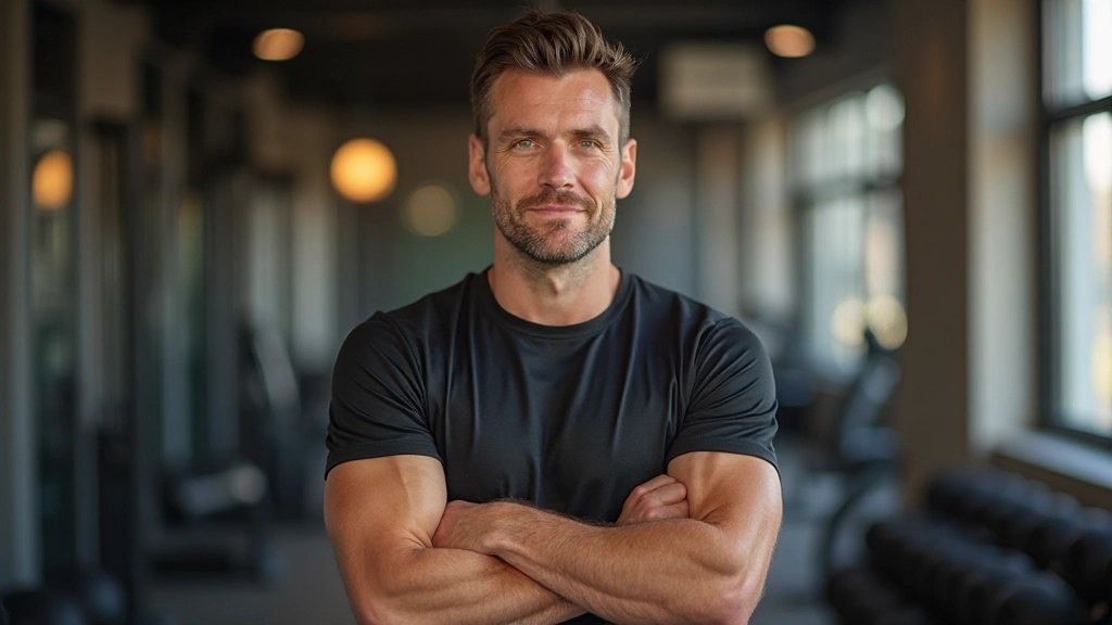 Trainersportret die coachende houding aanneemt met professionele uitstraling in moderne trainingsfaciliteit