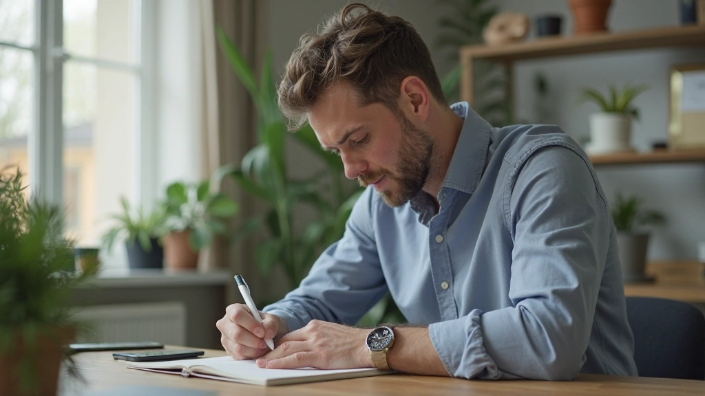 Persoon die doelstellingen noteert en voortgang volgt in een dagboek in een inspirerende werkruimte