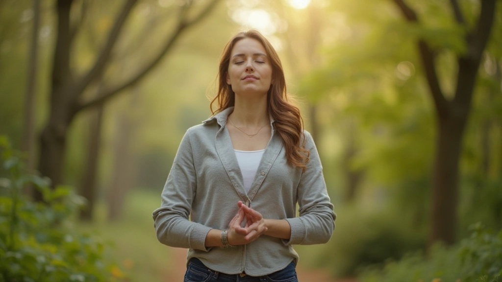 Persoon mediteert in rustige natuuromgeving met groene bomen en zachte verlichting, toont innerlijke reflectie en zelfinzicht