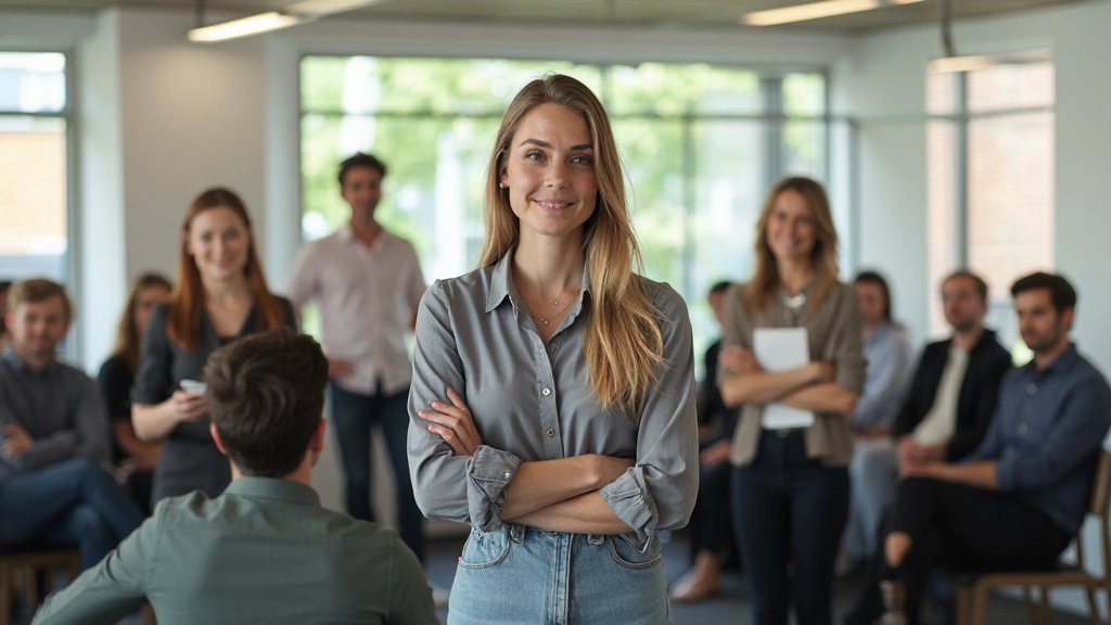 Zelfvertrouwen workshop in een moderne trainingsruimte met deelnemers