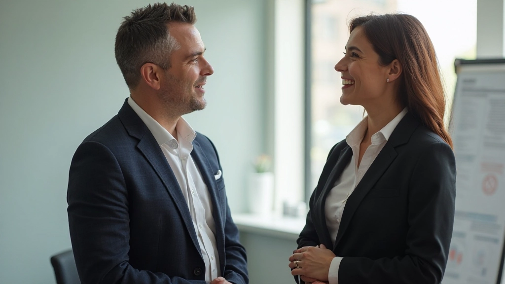 Twee professionals voeren een respectvol gesprek met open lichaamshouding en oogcontact in een moderne werkomgeving met natuurlijk licht