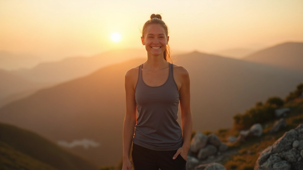 Jonge vrouw kijkt naar zonsopgang vanaf bergpiek met gevoel van triomf en empowerment