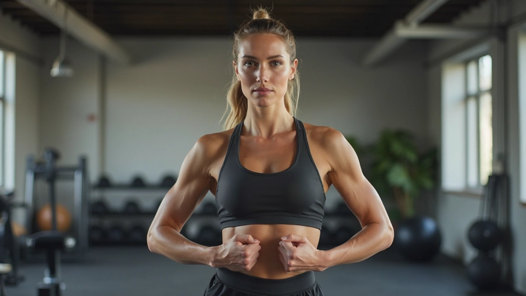 Vrouw demonstreert zelfverzekerde wonder woman pose met handen op heupen in trainingsruimte