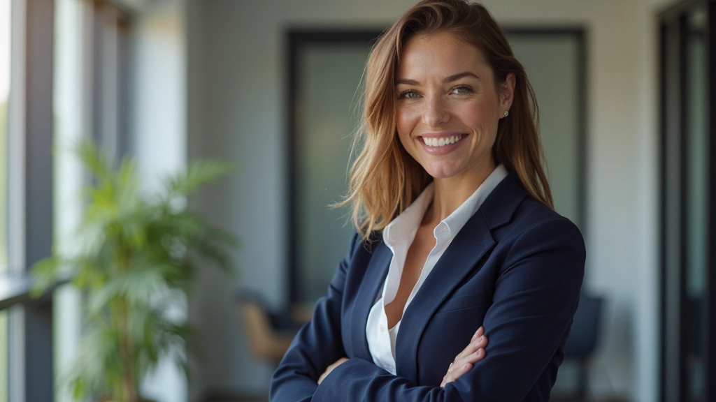 Professionele portretfoto van een zelfverzekerde vrouw in kantoor omgeving met natuurlijke verlichting