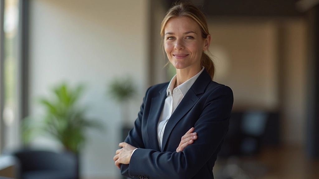 Zelfverzekerde vrouw staand met goede houding, armen gekruist in professionele omgeving met warm kantoorlicht