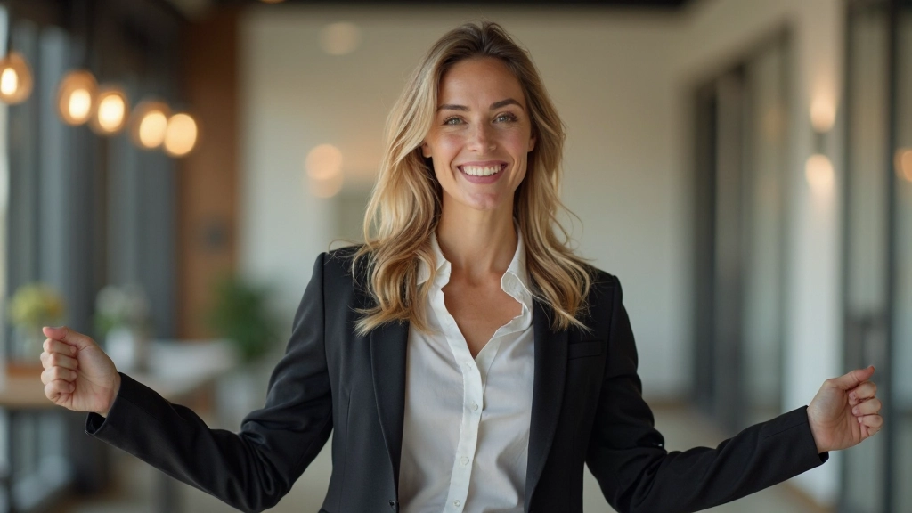 Gelukkige beroepspersoon in kantoor demonstreert zelfverzekerde houding met glimlach en open lichaamstaal